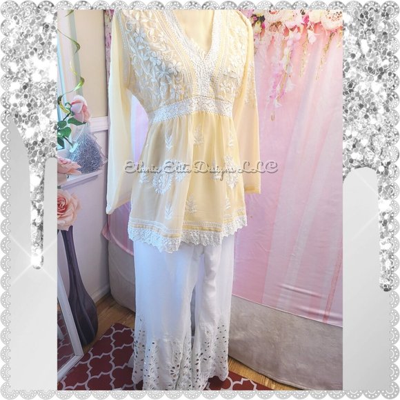 New Boutique Handmade Chikankari Georgette Short Kurti With Sharara Pant - Picture 5 of 11